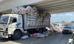 Tahta yüklü kamyon köprü altında sıkıştı