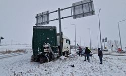 TIR yoldan çıktı, tabelaya çarptı