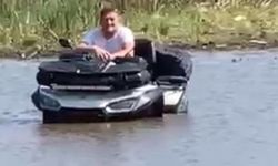 ATV ile girdiği gölde balçığa saplandı