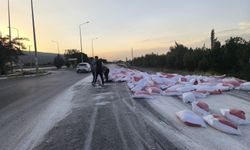 Tırın lastiği patladı un çuvalları yola savruldu
