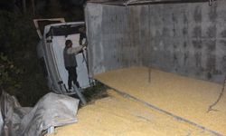 Su şişesi kazaya neden oldu: Tır devrildi, 25 ton mısır yola saçıldı