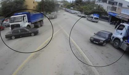 Hafriyat kamyonu, otomobili oyuncak araba gibi önüne aldı: O anlar kamerada