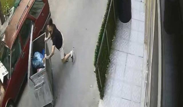 Rampadan kayan çöp konteynerini araçla çarpmadan son anda durdurdu