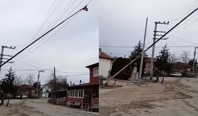 Eskişehir'de tehlikeli anlar: Dev bayrak direği elektrik tellerinin üzerine devrildi