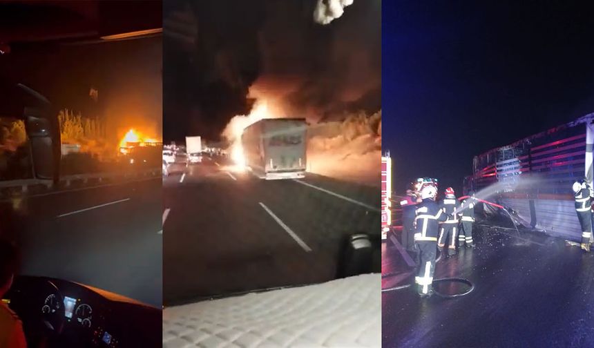 Otobanda tır yandı, patlama anı kamerada