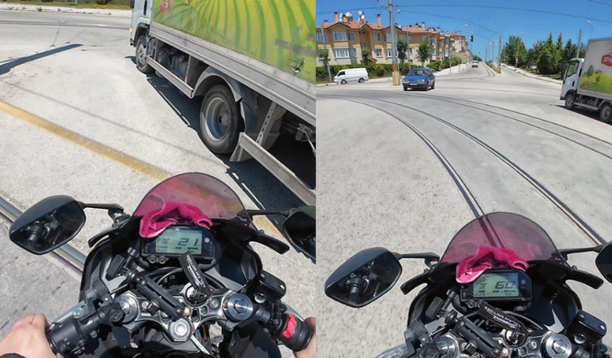 Eskişehir'de motosiklet sürücüsünün zor anları: Kamyonla çarpışmaktan son anda kurtuldu