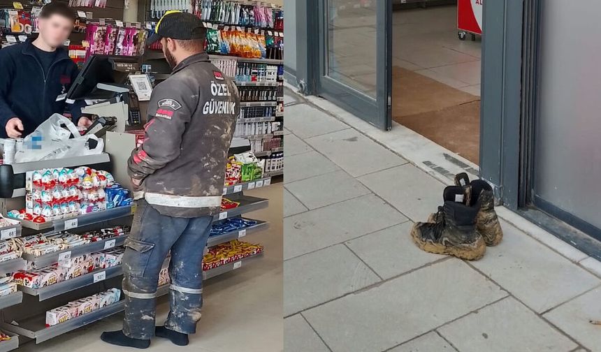 Bayburt’ta inşaat işçisi çamurlu ayakkabılarını çıkarıp alışveriş yaptı