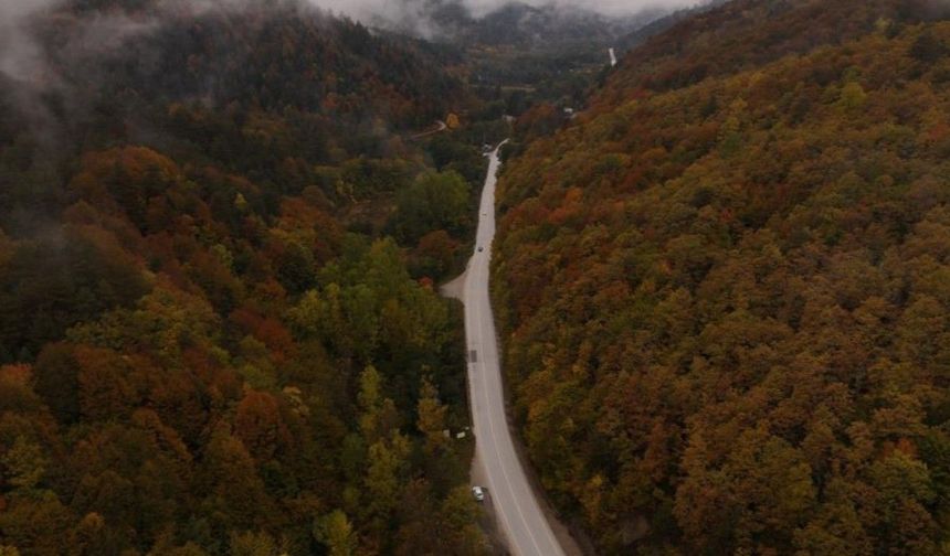 Abant yolunda sonbahar güzelliği dronla görüntülendi